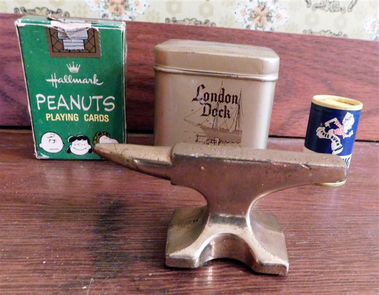Bunker Hill Beef Miniature Anvil Paper Weight - 1 1/2" by 3", London Dock Tobacco Tin, Miniature Sterling Salt Shaker, and Miniature Peanuts Playing Cards