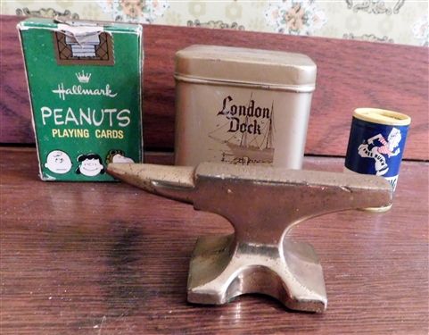 Bunker Hill Beef Miniature Anvil Paper Weight - 1 1/2 by 3, London Dock Tobacco Tin, Miniature Sterling Salt Shaker, and Miniature Peanuts Playing Cards