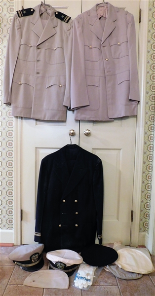3 Navy Officer Uniforms including Pants, 2 Hats, Gloves, and 5 Other Hats
