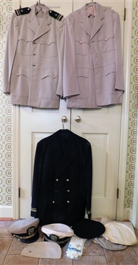 3 Navy Officer Uniforms including Pants, 2 Hats, Gloves, and 5 Other Hats