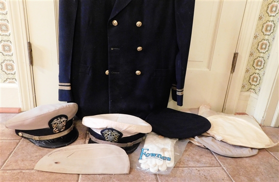 3 Navy Officer Uniforms including Pants, 2 Hats, Gloves, and 5 Other Hats