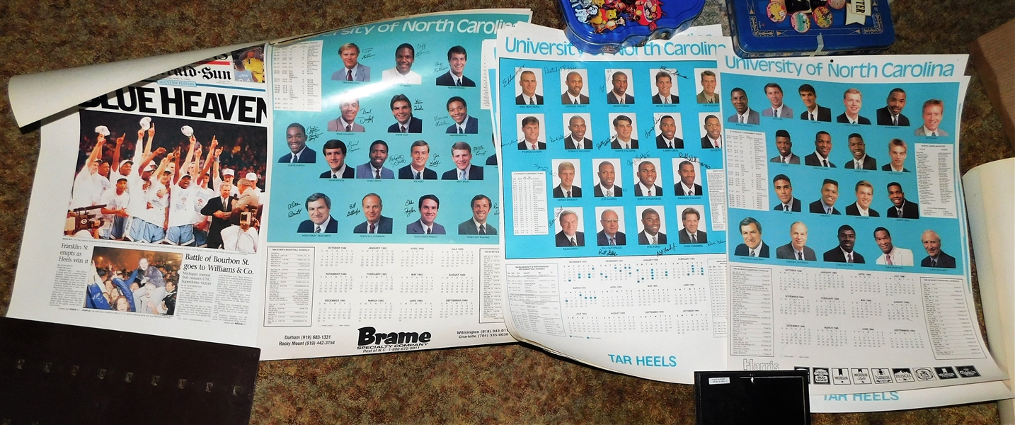16 UNC Tarheel Basketball Calendars from 1984 -1994 and 1993 Championship Poster - Multiples of Some Years - All in Good Condition 