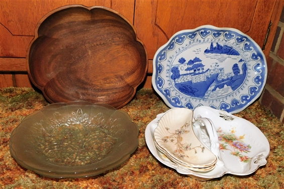 Wood Bowl, Glass Plate, Bone Dishes, and Modern Blue and White Dish 