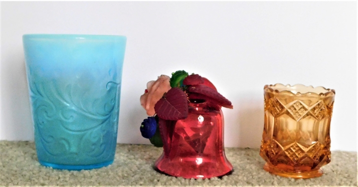 Blue Opalescent Glass Tumbler, Cranberry Glass Bell with Glass Flowers, and Amber Glass Toothpick Holder