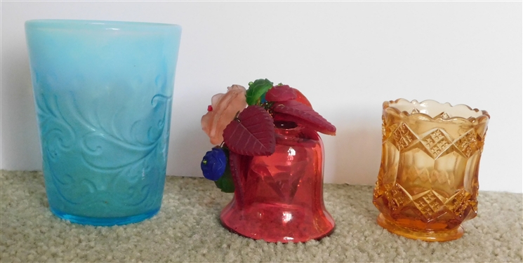 Blue Opalescent Glass Tumbler, Cranberry Glass Bell with Glass Flowers, and Amber Glass Toothpick Holder