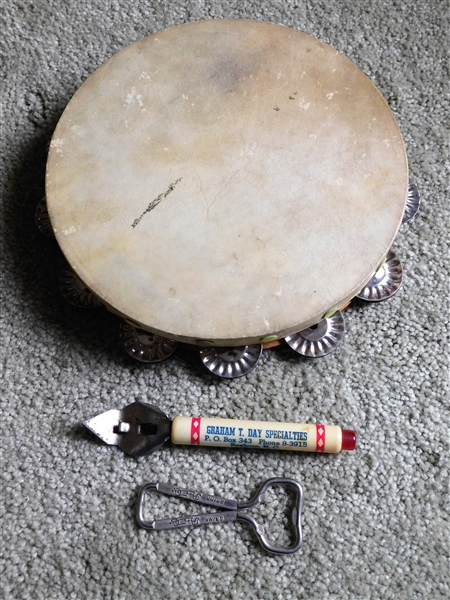Pepsi Bottle Opener, Graham T. Day Specialties Roxboro, NC Opener, and Tambourine