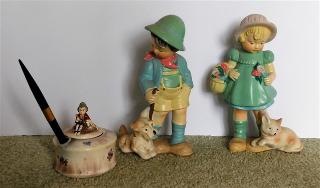 Bavaria Figural Ink Well with Pen and Pair of Chalk Figures Measuring 8 1/2 tall
