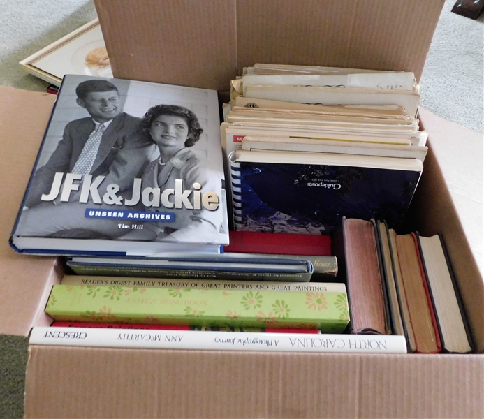 Box Lot of Books and Sheet Music including - "JFK & Jackie" "North Carolina" "The Honey Song" "Star Dust" and More