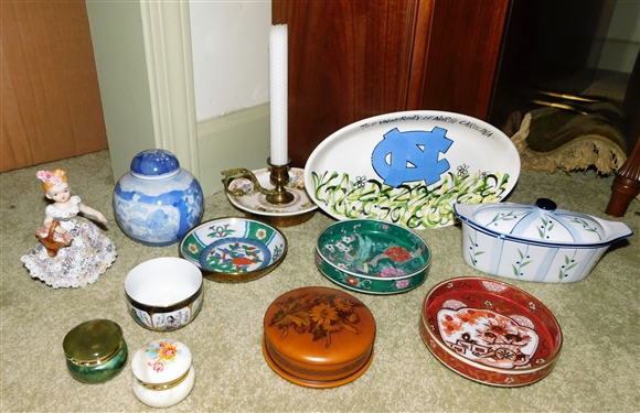 UNC Tarheels Tray, Small Asian Bowls, Candle Stick, Stone Pill Box, Etc.