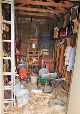 Contents of Tool Shed - including Seeder, Extension Ladder, Galvanized Buckets, Wood Ladder, Roxboro Tags, Yard Tools, Wheel Barrow, and Truck, Pick, Etc. 