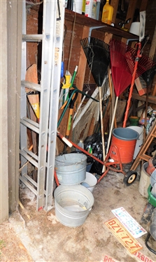 Contents of Tool Shed - including Seeder, Extension Ladder, Galvanized Buckets, Wood Ladder, Roxboro Tags, Yard Tools, Wheel Barrow, and Truck, Pick, Etc. 