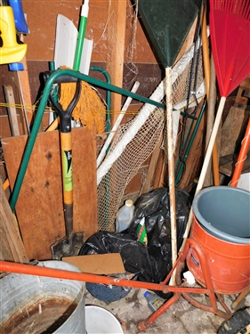 Contents of Tool Shed - including Seeder, Extension Ladder, Galvanized Buckets, Wood Ladder, Roxboro Tags, Yard Tools, Wheel Barrow, and Truck, Pick, Etc. 