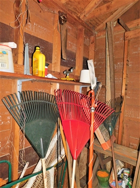 Contents of Tool Shed - including Seeder, Extension Ladder, Galvanized Buckets, Wood Ladder, Roxboro Tags, Yard Tools, Wheel Barrow, and Truck, Pick, Etc. 