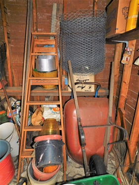 Contents of Tool Shed - including Seeder, Extension Ladder, Galvanized Buckets, Wood Ladder, Roxboro Tags, Yard Tools, Wheel Barrow, and Truck, Pick, Etc. 