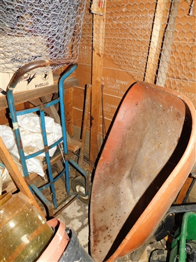Contents of Tool Shed - including Seeder, Extension Ladder, Galvanized Buckets, Wood Ladder, Roxboro Tags, Yard Tools, Wheel Barrow, and Truck, Pick, Etc. 