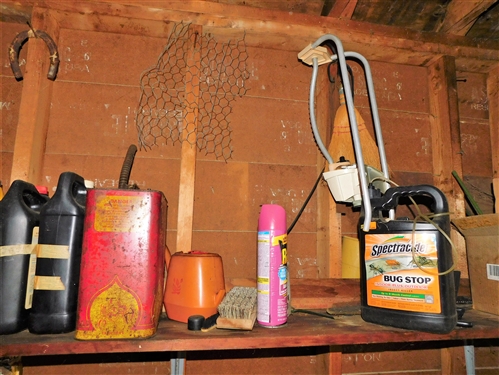 Contents of Tool Shed - including Seeder, Extension Ladder, Galvanized Buckets, Wood Ladder, Roxboro Tags, Yard Tools, Wheel Barrow, and Truck, Pick, Etc. 
