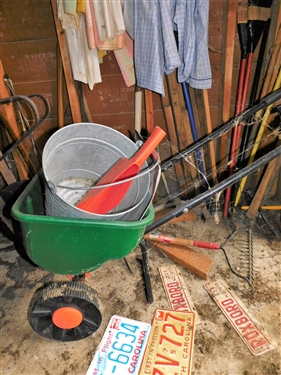 Contents of Tool Shed - including Seeder, Extension Ladder, Galvanized Buckets, Wood Ladder, Roxboro Tags, Yard Tools, Wheel Barrow, and Truck, Pick, Etc. 