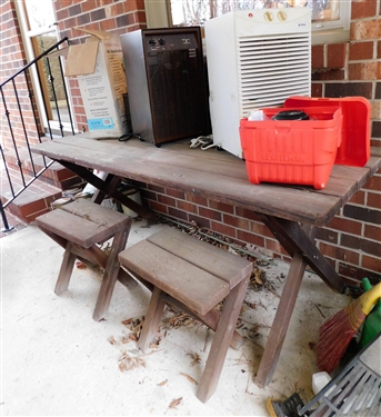 Wood Outdoor Table and 2 Stools, Dehumidifiers, Heater, Buffer