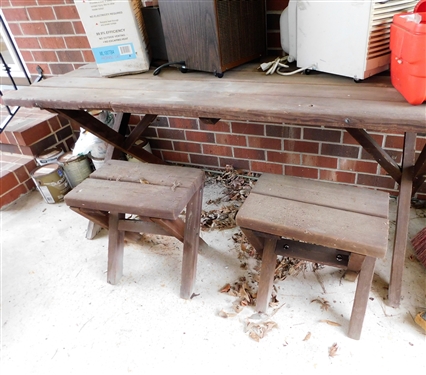 Wood Outdoor Table and 2 Stools, Dehumidifiers, Heater, Buffer