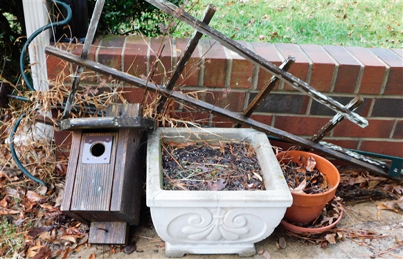Bird House, Concrete Planter, and Terracotta Planter