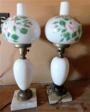 Pair of Marble Base Lamps with Hand painted Glass Shades 19 tall