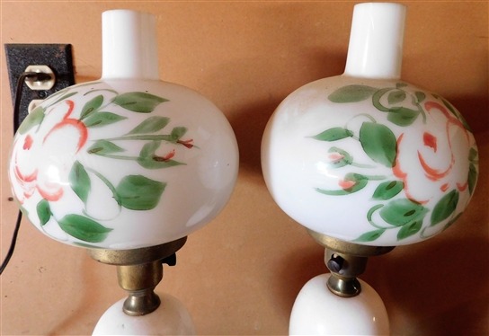 Pair of Marble Base Lamps with Hand painted Glass Shades 19 tall