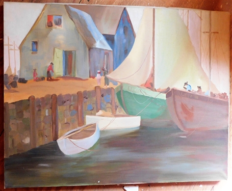 Unsigned Oil on Canvas Painting of Sail Boats - Canvas Measures 28 by 22