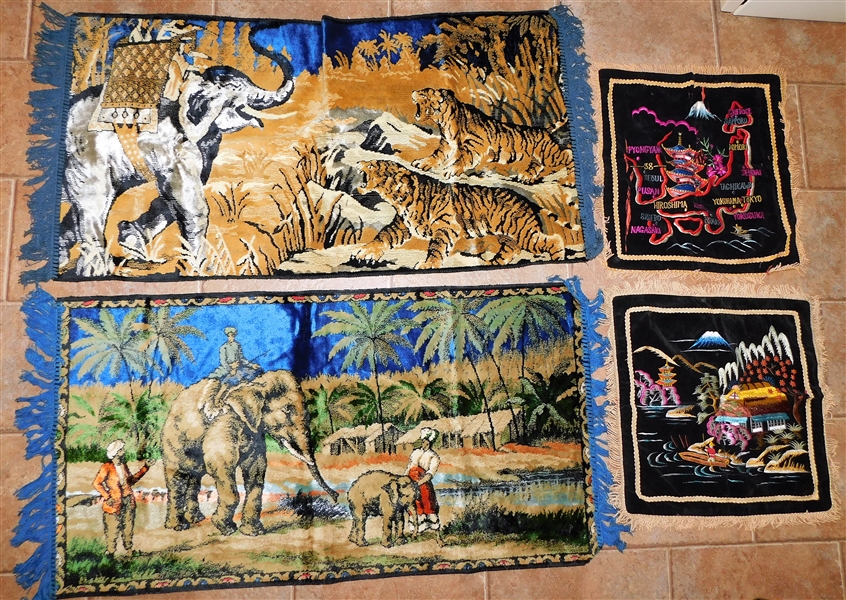 2 Elephant Tapestries and 2 Korean Embroidered Pillow Covers - Tapestry Measures 39 1/2" by 20 1/2" - One Pillow Cover is Damaged