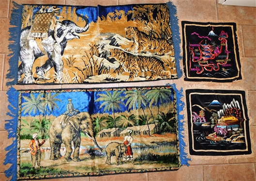 2 Elephant Tapestries and 2 Korean Embroidered Pillow Covers - Tapestry Measures 39 1/2 by 20 1/2 - One Pillow Cover is Damaged