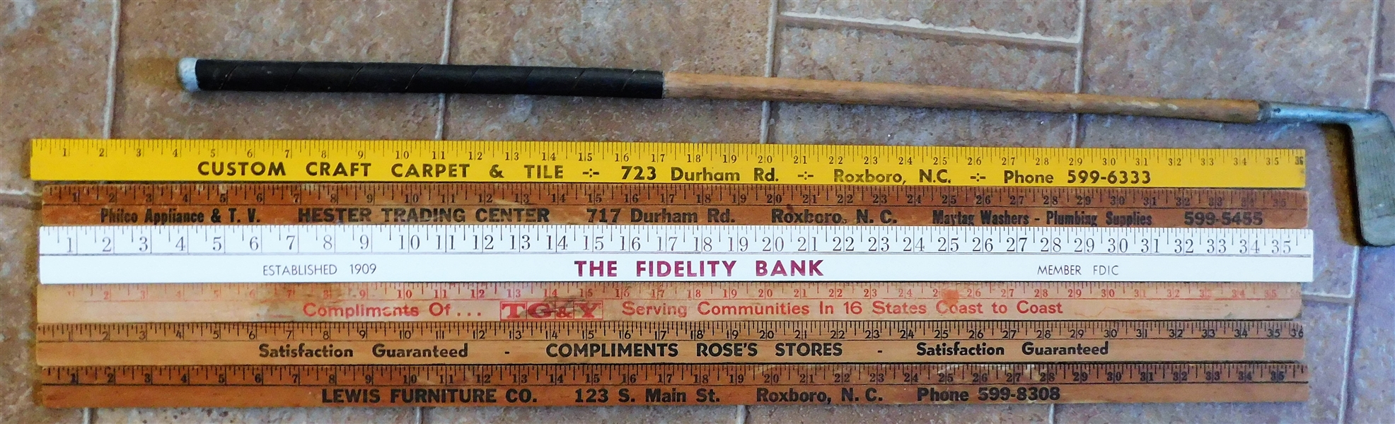6 Local Roxboro NC Advertising Yard Sticks and Wood Shaft Golf Club