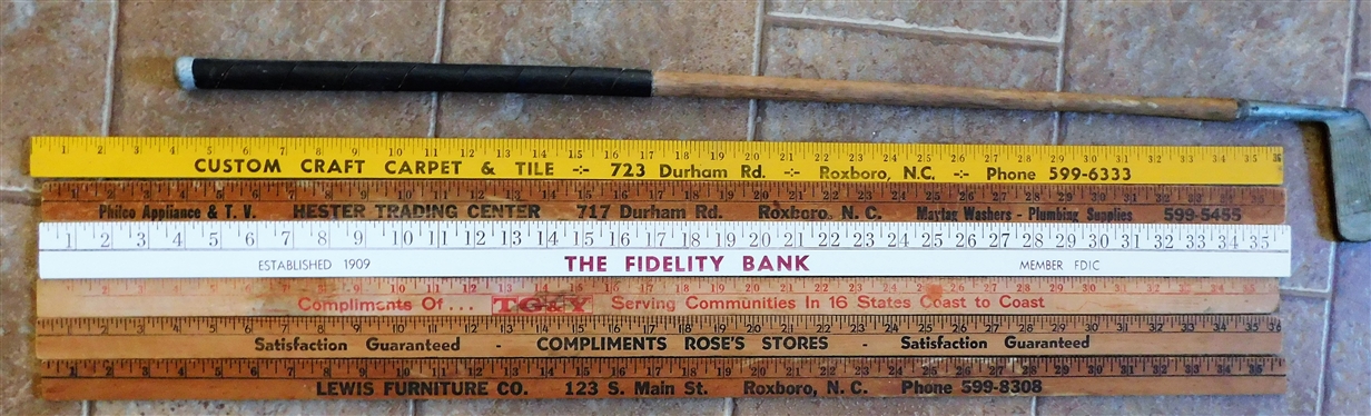 6 Local Roxboro NC Advertising Yard Sticks and Wood Shaft Golf Club