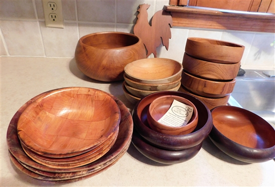 Lot of Wood Bowls and Rooster Key Holder 