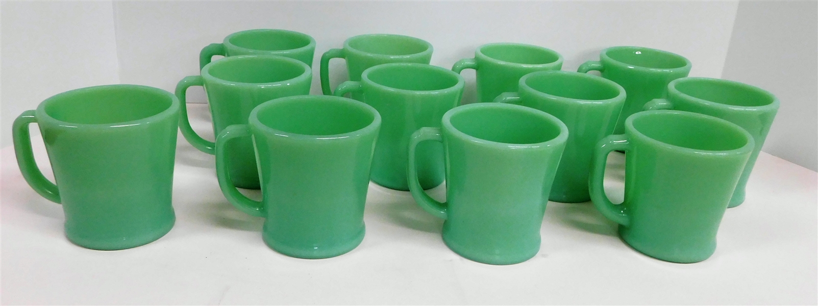 12 Fire King Jadeite "D" Handle Coffee Mugs - 6 Stamped Fire King Oven Ware - 6 Stamped Fire King Made in USA