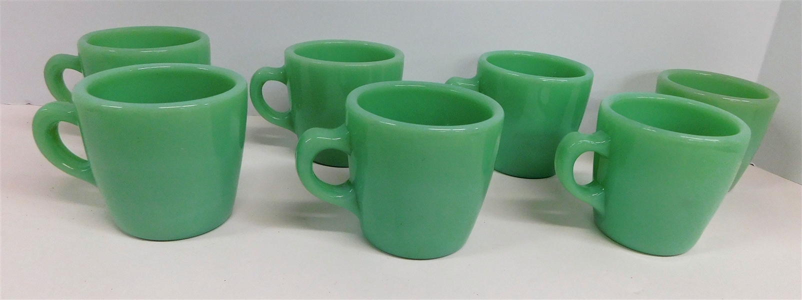 7 Fire King Jadeite "C" Handle Mugs - 2 Stamps - 3" Tall 