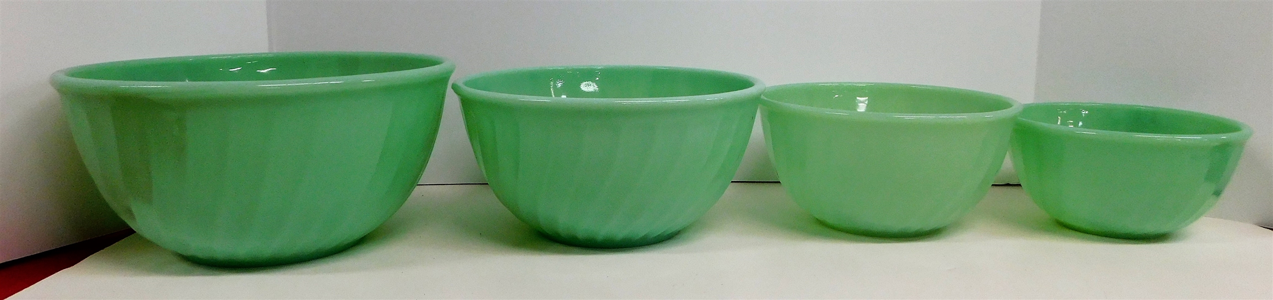 4 Piece Fire King Jadeite Swirl Mixing Bowl Set - Largest Measures 9" Smallest Measures 6" - 3rd Bowl Signed Anchor Hocking Fire King Made in USA - Other Fire King Oven Ware