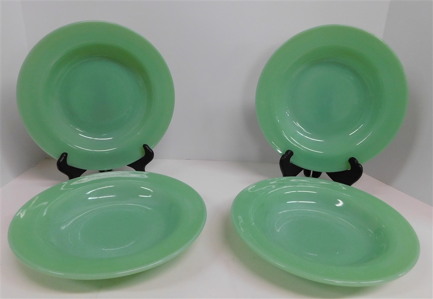 4 Fire King Oven Glass Jadeite Rimmed Soup Bowls - 9" Across