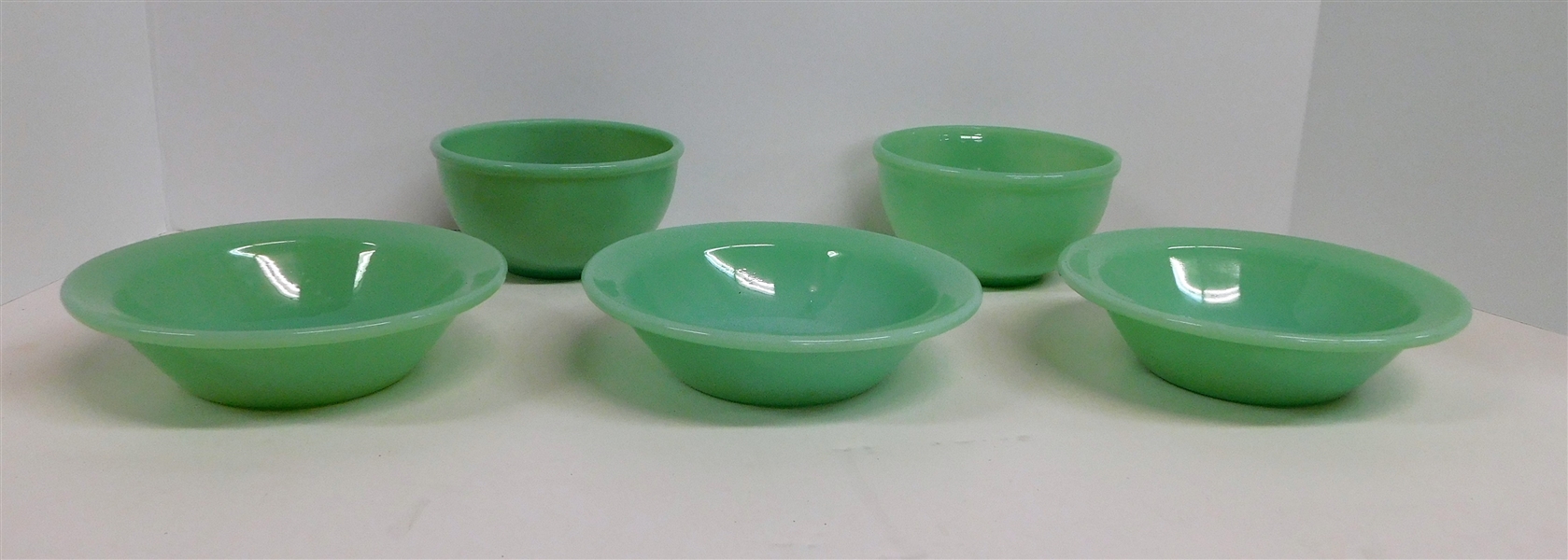 Lot of 5 Jadeite Bowls - 4 Stamped with Various Fire King Marks 1 Unsigned