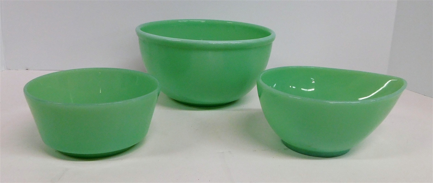 3 Fire King Jadeite Bowls including - 2 Oven Fire King Ware Teardrop Shaped Made in USA 