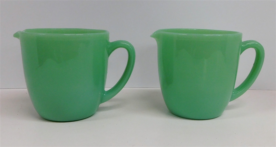 2 Fire King Jadeite Pitchers - Marked Fire King Oven Ware - 4 1/2"tall 