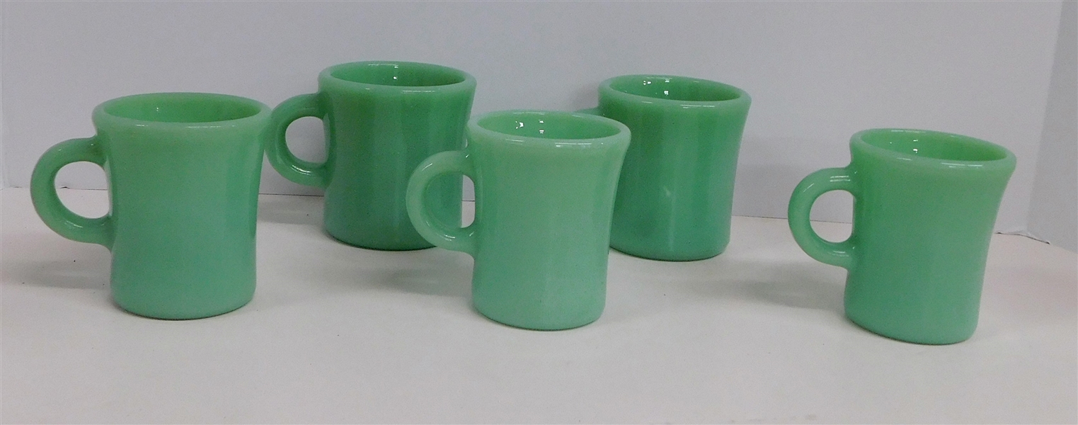 5 Jadeite Fire King "C" Handle  Coffee Mugs - 2 Sizes All Marked Oven Fire King Ware