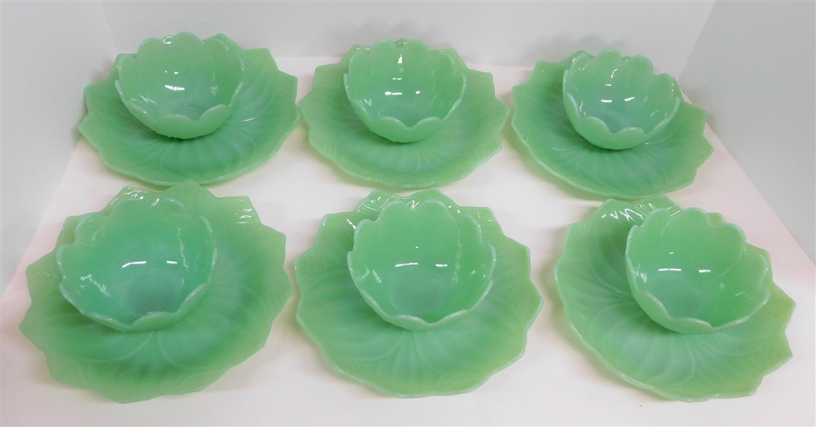 6 Jadeite Lotus Leaf and Blossom Snack Sets  