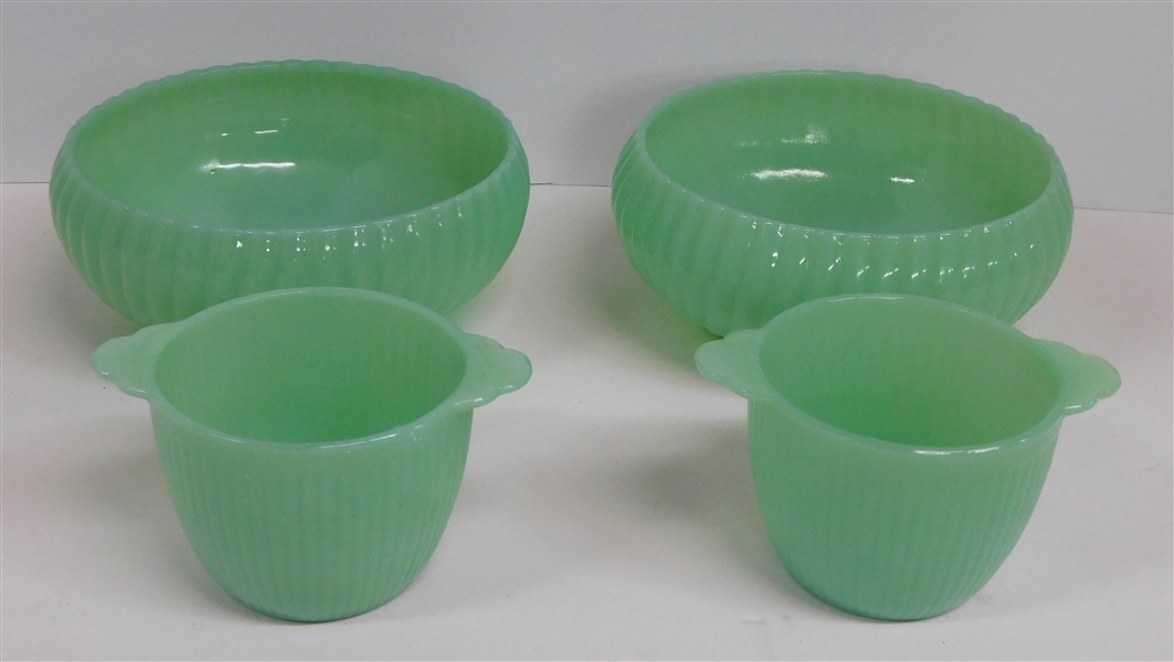 4 Pieces of Jadeite - 2 Unsigned Ribbed Bowls - Opening Measures 6" Across and 2 Fire King Ramekins Measuring 3 3/8" Across