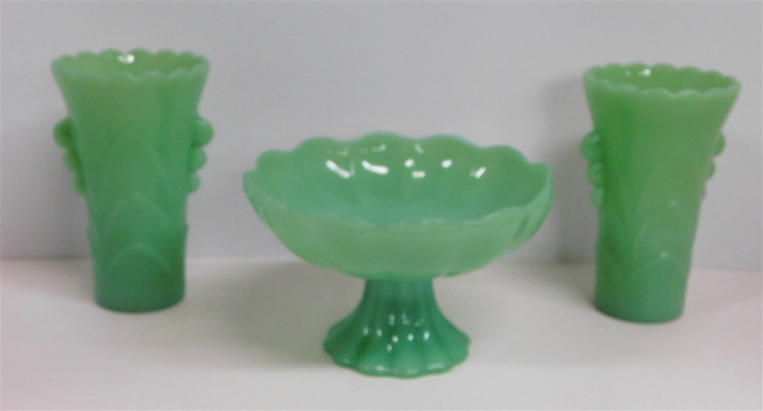 Unsigned Jadeite Compote and 2 Vases - Vases Measure 5 1/4" tall 