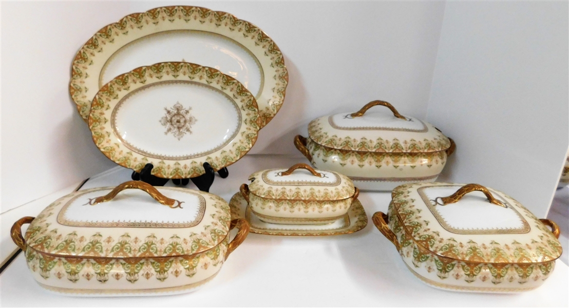 6 C. Ahrenfeldt Limoges Serving Pieces including Oval Platters (15" and 11"), Tureens (10" and 6" across), Covered Bowls (Square (7 1/2" and 9")- Gold and Green Details - Gold Decoration is Good 