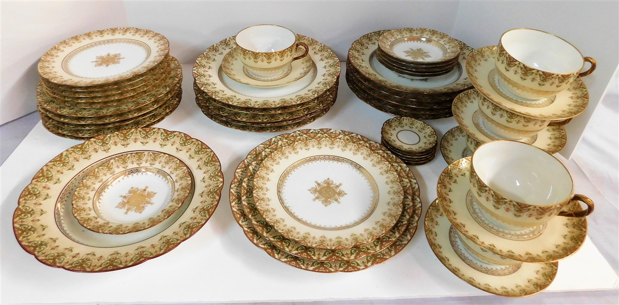 48 Piece Set of C. Ahrenfeldt Limoges China including Dinner Plates (9 1/2"), Salad Plates (8 1/4"), Dessert Plates (7 1/4") Rimmed Soup Bowls, Butter Pats, Cup and Saucer Sets - 1 Dinner Plates Is...