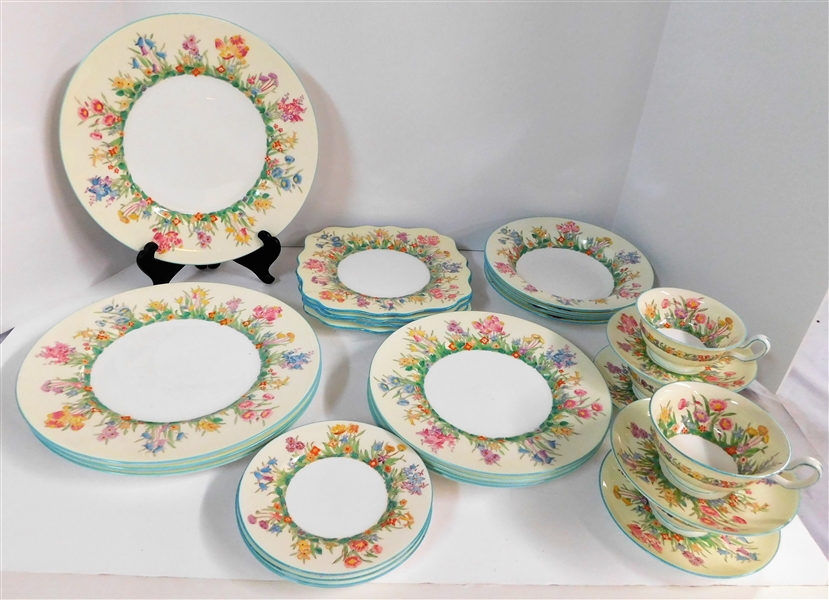 28 Piece Set of Wedgwood "Prairie Flowers" China  4 of Each - Dinner Plates, Square Luncheon Plates,  Salad Plates, Rimmed Soup, Cups and Saucers, 