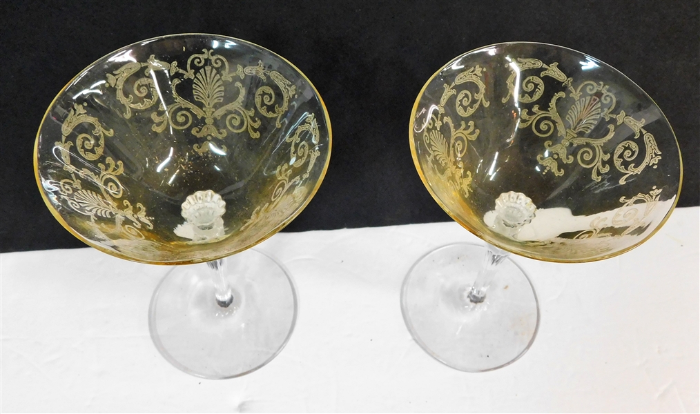 2 Yellow Elegant Glasses with Clear Stems - 6" tall