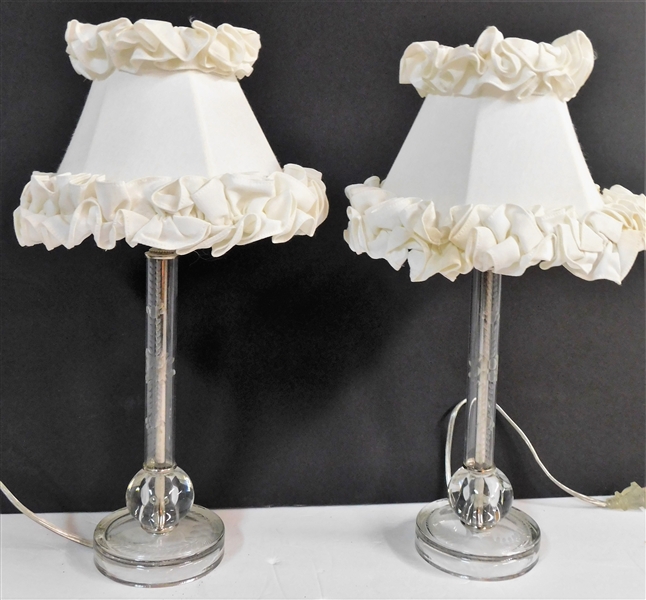 Pair of Etched Glass Lamps with Ruffled Shades - 17" tall 