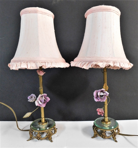 Pair of Brass and China Flower Night Light Lamps - 15" Tall - Nice Pink Shades