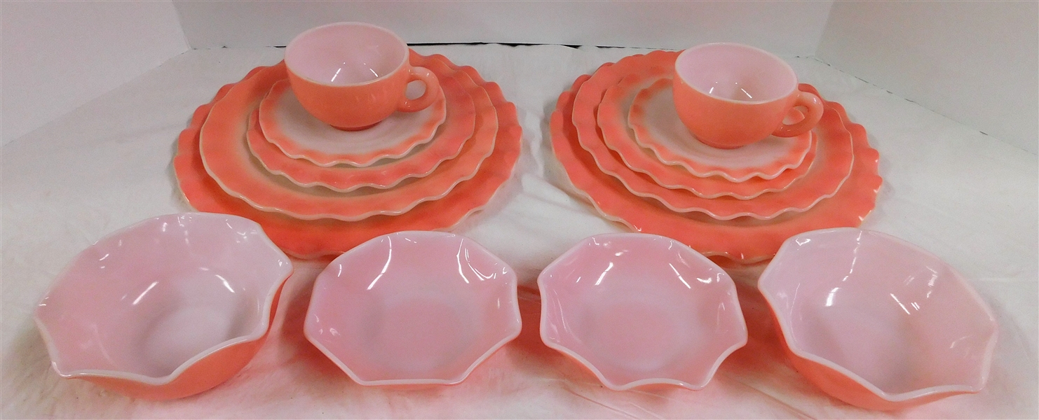 14 Pieces of Pink Hazel Atlas "Ripple" including 10 1/4" Dinner Plate, 8 7/8" Dinner Plate, Cereal Bowl, and Berry Bowl 